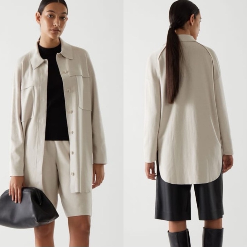 COS Cotton Silk Button Down Beige Pocket Shacket Sweater Cardigan Tunic Shirt
